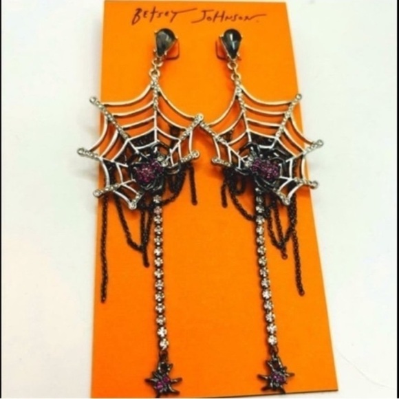 BETSEY JOHNSON Halloween Spider on Web with Crystals Drop Dangle Earrings NWT - Picture 1 of 2
